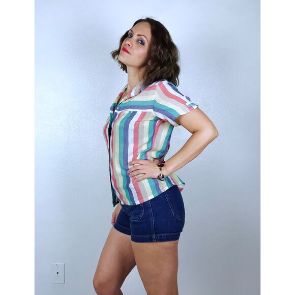vintage 80s COLORFUL STRIPED Paper Thin BLOUSE soft Large button down shirt top - Picture 7 of 10